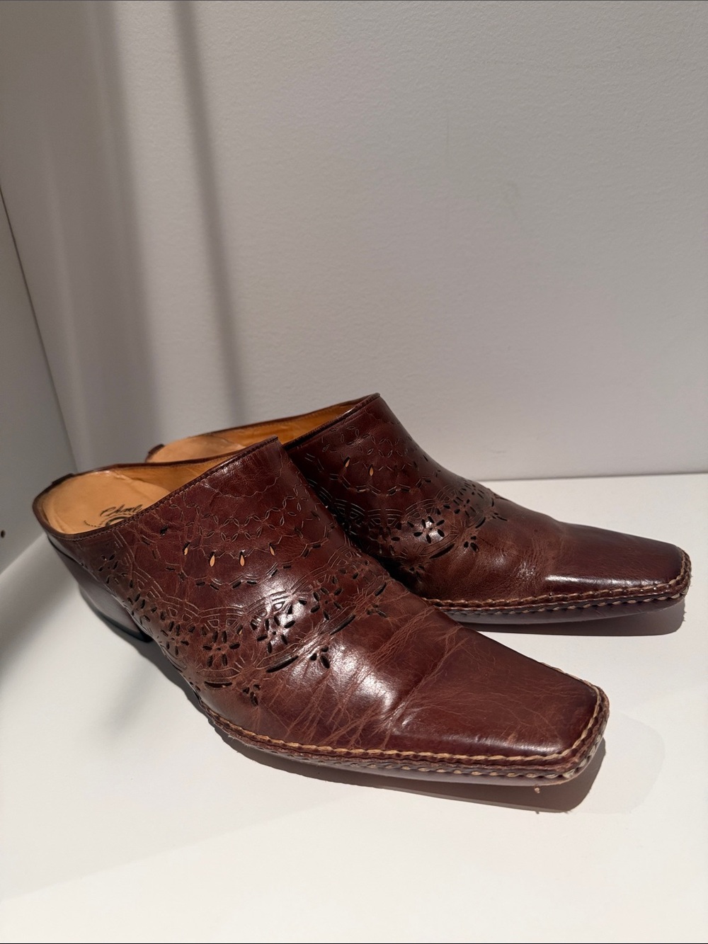 Women's Brown Leather Slip-On Mules with Perforated Detail